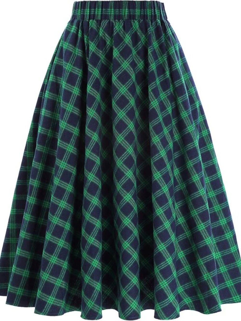 Grace Karin Green Navy Plaid Midi Swing Skirt XL Pockets Elastic Waist